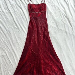 Vintage Red Chrome Prom Dress — Lace Up Back Rhinestone Metallic Maxi Formal